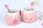 XinHuiGY Pink Mug,Cute Strawberry Cup with Lid,Spoon and Coaster,Ceramic Coffee Mug, Kawaii Cup for Tea Milk,Women Girls Student Korean Style 450ML Christmas Birthday Gift