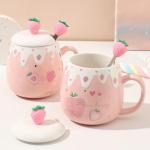 XinHuiGY Pink Mug,Cute Strawberry Cup with Lid,Spoon and Coaster,Ceramic Coffee Mug, Kawaii Cup for Tea Milk,Women Girls Student Korean Style 450ML Christmas Birthday Gift