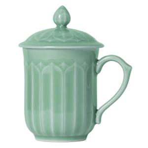 Tingyework Porcelain Lotus Tea Cup with Lid and Handle, 12 oz Unique Coffee Mug, Microwave Dishwasher Safe, Gifts for Women and Men, Aesthetic Chinese Celadon 1 Pack (Olive Green)
