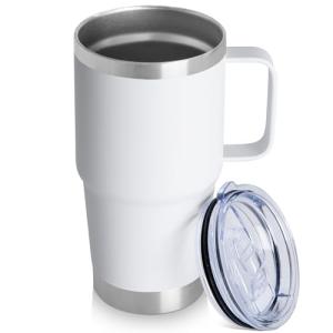 20oz Tumbler with Handle & Lid, Insulated Stainless Steel Travel Mug, Leakproof Cup for Coffee & Tea, BPA-Free Double-Wall Vacuum Tumblers for Hot/Cold Drinks, Commuter, Gym, Office, White 1 Pack