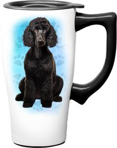 Spoontiques Poodle Ceramic Travel Coffee Mug with Lid and Handle - Spill Proof Lid - Double Walled Mug for Hot and Cold Beverages - Microwave and Dishwasher Safe