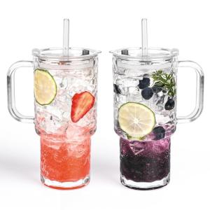 Oroklis 18oz Glass Tumbler with Handle & Lid – 2-Pack Iced Coffee Cups with Straws, Glass Mug for Cold & Hot Beverages Travel Cup for Smoothies, Tea, and Juice(Glacial pattern)