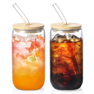 2 Pack Glass Cups with Bamboo Lids and Straws 16 oz, Gifts for Women, Drinking glasses set, Iced Coffee, Tea Cup, Cute Aesthetics Tumbler Cup, Mothers Day, Birthday Gifts for Her Mom