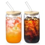2 Pack Glass Cups with Bamboo Lids and Straws 16 oz, Gifts for Women, Drinking glasses set, Iced Coffee, Tea Cup, Cute Aesthetics Tumbler Cup, Mothers Day, Birthday Gifts for Her Mom