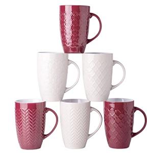 AmorArc Large Coffee Mugs Set of 6, 20oz Ceramic Tall Coffee Mugs Set with Textured Geometric Patterns for Coffee/Tea/Beer/Hot Cocoa, Dishwasher & Microwave Safe, Beige&Burgundy