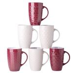 AmorArc Large Coffee Mugs Set of 6, 20oz Ceramic Tall Coffee Mugs Set with Textured Geometric Patterns for Coffee/Tea/Beer/Hot Cocoa, Dishwasher & Microwave Safe, Beige&Burgundy