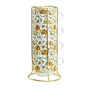 Grace Teaware Stackable Coffee Tea Mug 10-Ounce Set of 4 with Metal Stand (Harvest Pumpkins)