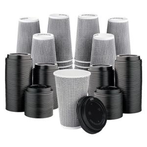 [340 SET]Harvest Pack 16 oz Disposable Coffee Cups, Insulated Ripple Double-Walled Paper Cups with Lids, Black and White Geometric, Bulk Drinking Cups for Tea Hot Chocolate Drinks To go coffee cups