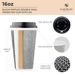 [340 SET]Harvest Pack 16 oz Disposable Coffee Cups, Insulated Ripple Double-Walled Paper Cups with Lids, Black and White Geometric, Bulk Drinking Cups for Tea Hot Chocolate Drinks To go coffee cups