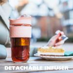 SoleCup. Large Travel Mug Loose Tea Infuser - Detachable Tea Strainer with Spill Proof Lid - 18oz/530ml BPA-Free Reusable Glass Travel Coffee Cup with Silicone Band (Pink)