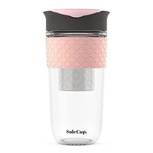SoleCup. Large Travel Mug Loose Tea Infuser - Detachable Tea Strainer with Spill Proof Lid - 18oz/530ml BPA-Free Reusable Glass Travel Coffee Cup with Silicone Band (Gray and Pink)