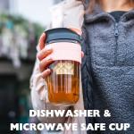 SoleCup. Large Travel Mug Loose Tea Infuser - Detachable Tea Strainer with Spill Proof Lid - 18oz/530ml BPA-Free Reusable Glass Travel Coffee Cup with Silicone Band (Pink)