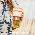 SoleCup. Large Travel Mug Loose Tea Infuser - Detachable Tea Strainer with Spill Proof Lid - 18oz/530ml BPA-Free Reusable Glass Travel Coffee Cup with Silicone Band (Gray and Pink)