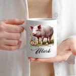 Custom Name Animal Ceramic Mug 11oz 15oz - Personalized Pig Coffee Cup with Cute Farm Animal Illustration - Unique Nature-Inspired Drinkware for Animal Lovers, Rustic Country Ceramic Tea Mug