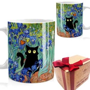 Famous Art Paintings Funny Cat Coffee Mug for Artist Art Lover Art Teacher Cat Lovers, Famous Art Picture Classic Art Vincent Art Aesthetic Canvas Mug Birthday Gift for Women Man (Irises Floral)