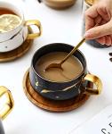 Eplze YBK Tech Porcelain Tea Cup Coffee Mug Set for Afternoon Tea - Marble Pattern (Black, Short 300ml + wood saucer)