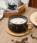 Eplze YBK Tech Porcelain Tea Cup Coffee Mug Set for Afternoon Tea - Marble Pattern (Black, Short 300ml + wood saucer)