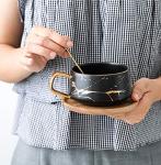 Eplze YBK Tech Porcelain Tea Cup Coffee Mug Set for Afternoon Tea - Marble Pattern (Black, Short 300ml + wood saucer)