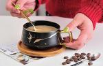 Eplze YBK Tech Porcelain Tea Cup Coffee Mug Set for Afternoon Tea - Marble Pattern (Black, Short 300ml + wood saucer)