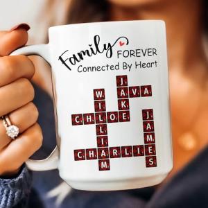 Macorner Personalized Coffee Mug - Forever Connected by Heart Scrabble Name, Christmas Crossword Names Gifts for Mom, Dad, Grandpa, Brother, Grandma, Sister, Siblings, Family Members
