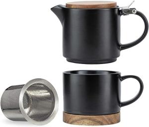 Tea Pot Sets for One,Stackable Ceramic Tea Set for One with 10 oz Personal Teapot and Infuser,Single Teapot and Cup Set for Adults(Matte Black)