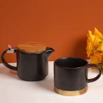 Tea Pot Sets for One,Stackable Ceramic Tea Set for One with 10 oz Personal Teapot and Infuser,Single Teapot and Cup Set for Adults(Matte Black)