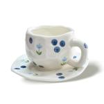 TREEWOO Hand Painted Blueberry Ceramic Coffee Cup and Saucer Set, 250ml/8 oz, Korean Style, Hand Pinched Irregular Cappuccino Latte Tea Cup