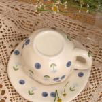 TREEWOO Hand Painted Blueberry Ceramic Coffee Cup and Saucer Set, 250ml/8 oz, Korean Style, Hand Pinched Irregular Cappuccino Latte Tea Cup