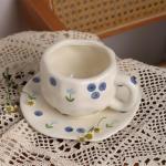 TREEWOO Hand Painted Blueberry Ceramic Coffee Cup and Saucer Set, 250ml/8 oz, Korean Style, Hand Pinched Irregular Cappuccino Latte Tea Cup