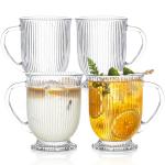 KEMORELA 4-Pack Ribbed Glass Coffee Mugs with Handle, Clear Large Coffee Mug 16 Oz With Handles for Hot Beverages, Durable Tea & Espresso Cups, Stylish Drinkware Set