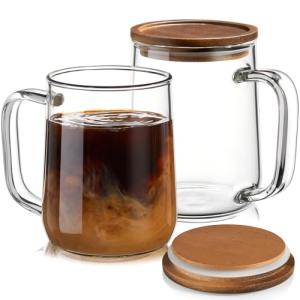 CMLKLZD Glass Coffee Mugs, 16 oz Glass Coffee Cups with Acacia Wood Lids, Clear Borosilicate Glass Mugs with Handles for Cappuccino, Tea, Latte, Hot/Cold Beverages, Wine, Americano, Set of 2