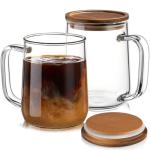 CMLKLZD Glass Coffee Mugs, 16 oz Glass Coffee Cups with Acacia Wood Lids, Clear Borosilicate Glass Mugs with Handles for Cappuccino, Tea, Latte, Hot/Cold Beverages, Wine, Americano, Set of 2