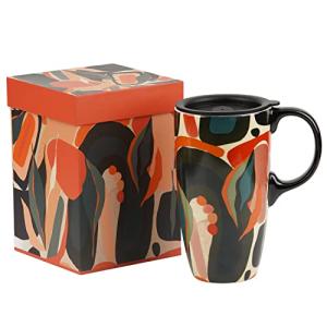 Topadorn Ceramic Coffee Mug Travel Cup Gift with Lid 17oz., Porcelain Tall Tea Cup with Handle for Home & Office, Abstract Art Pattern Mug with Gift Box, 6.5''H