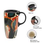 Topadorn Ceramic Coffee Mug Travel Cup Gift with Lid 17oz., Porcelain Tall Tea Cup with Handle for Home & Office, Abstract Art Pattern Mug with Gift Box, 6.5''H