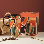 Topadorn Ceramic Coffee Mug Travel Cup Gift with Lid 17oz., Porcelain Tall Tea Cup with Handle for Home & Office, Abstract Art Pattern Mug with Gift Box, 6.5''H