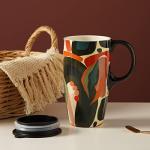 Topadorn Ceramic Coffee Mug Travel Cup Gift with Lid 17oz., Porcelain Tall Tea Cup with Handle for Home & Office, Abstract Art Pattern Mug with Gift Box, 6.5''H