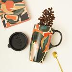 Topadorn Ceramic Coffee Mug Travel Cup Gift with Lid 17oz., Porcelain Tall Tea Cup with Handle for Home & Office, Abstract Art Pattern Mug with Gift Box, 6.5''H
