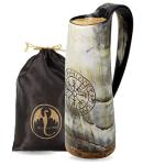 OLDEMPEROR Viking Drinking Coffee Mug- 12oz| Gifts for Men & Women| Real Ox Horn| Food Grade Medieval| Hot and Cold Liquids| Engraved Natural Shine Finish (Compass)