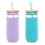 Ello Devon 2-Pack 18oz Glass Tumbler with Straw, Friction Fit Bamboo Wood Lid and Silicone Sleeve | Perfect for Iced Coffee, Tea, and Smoothies | Blue and Lilac