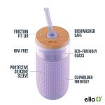 Ello Devon 2-Pack 18oz Glass Tumbler with Straw, Friction Fit Bamboo Wood Lid and Silicone Sleeve | Perfect for Iced Coffee, Tea, and Smoothies | Blue and Lilac