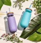 Ello Devon 2-Pack 18oz Glass Tumbler with Straw, Friction Fit Bamboo Wood Lid and Silicone Sleeve | Perfect for Iced Coffee, Tea, and Smoothies | Blue and Lilac