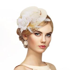 Zinniday Fascinator High Tea Hat - Women's White Mini Clip On 20s 50s Derby Cocktail Pillbox Cups Dress Kentucky Hat with Flower and Feather Decoration
