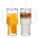 INSETLAN 26oz Glass Tumbler with Handle & Lid – 2-Pack Large Iced Coffee Cups with Straws, Modern Glass Mug for Cold & Hot Beverages, Aesthetic Travel Cup for Smoothies, Tea, and Juice