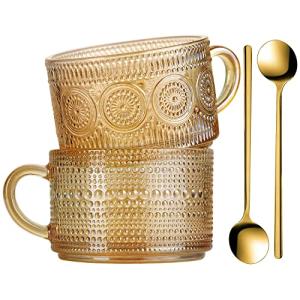 WHJY Vintage Glass Coffee Mugs with Spoon, Set of 2 espresso ribbed glass coffee cup，Embossed Tea Cups, Esthetic Tea Cups for Cappuccino, Latte, Hot Beverages, 14 oz