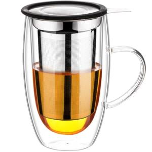 Baalaka Double Wall Glass Tea Cup With Stainless Steel Infuser and Lid, 16oz Borosilicate Glass Tea Mug, Tea Infuser for Loose Leaf Tea, Teas Gifts for Lovers