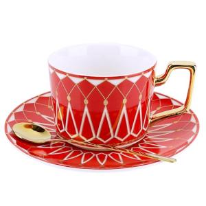 Philo Fun Bone China Elegant Tea Cup Saucer Set with Spoon, 7.5oz Red Matte Glazed Coffee Cup Set, Palace Geometric Line, Birthday Holiday Gift Exchange