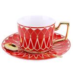 Philo Fun Bone China Elegant Tea Cup Saucer Set with Spoon, 7.5oz Red Matte Glazed Coffee Cup Set, Palace Geometric Line, Birthday Holiday Gift Exchange