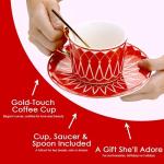 Philo Fun Bone China Elegant Tea Cup Saucer Set with Spoon, 7.5oz Red Matte Glazed Coffee Cup Set, Palace Geometric Line, Birthday Holiday Gift Exchange