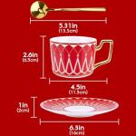 Philo Fun Bone China Elegant Tea Cup Saucer Set with Spoon, 7.5oz Red Matte Glazed Coffee Cup Set, Palace Geometric Line, Birthday Holiday Gift Exchange