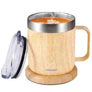 Gifts for Women Men, Heated Coffee Mug with Lid, Temperature Control Mug 131°F, Birthday, Mother's Day, Father's Day, Christmas Gifts for Mom, Dad, Grandpa, Grandma, Wife, Husband (Bamboo, 12oz)